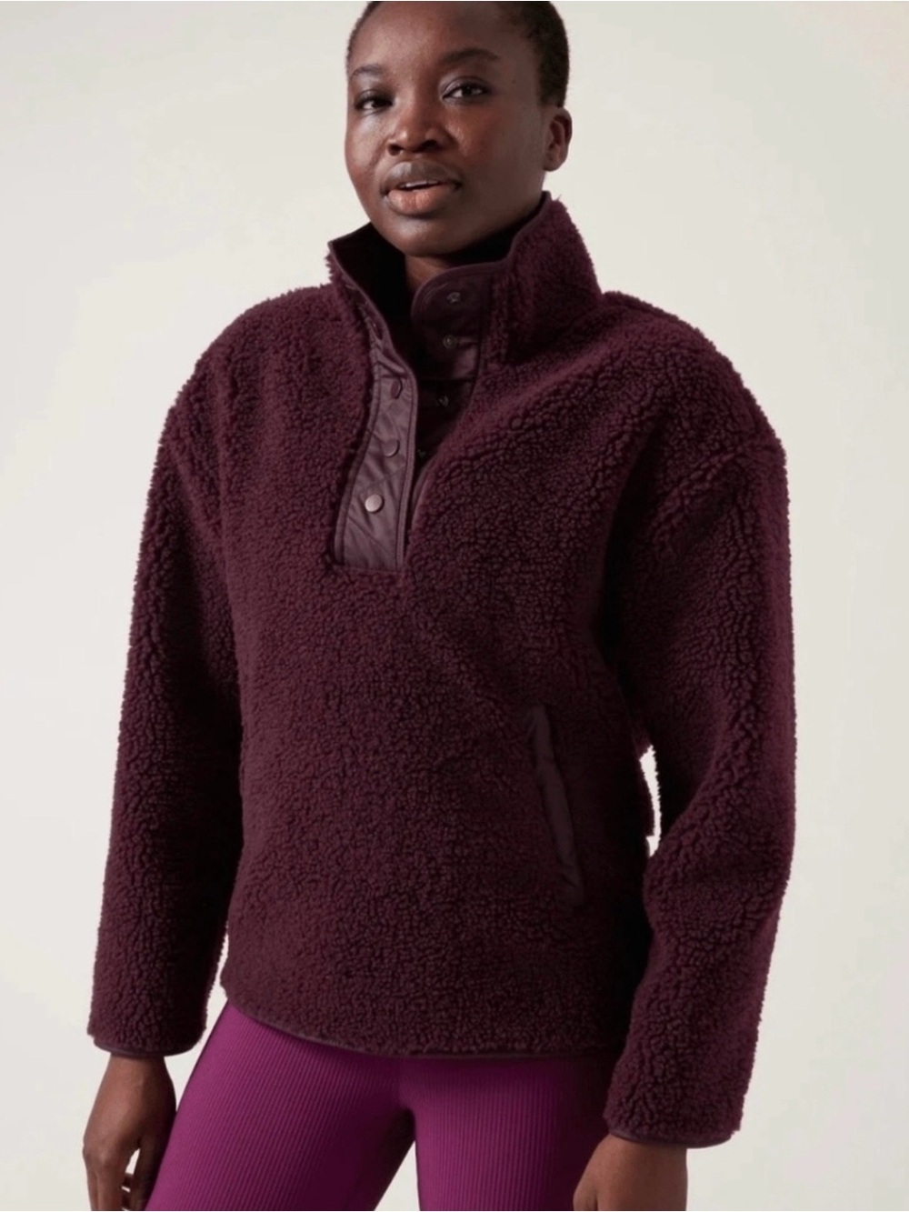 Athleta Cozy Sherpa Snap Pullover in Spiced Cabernet - Women’s size Large